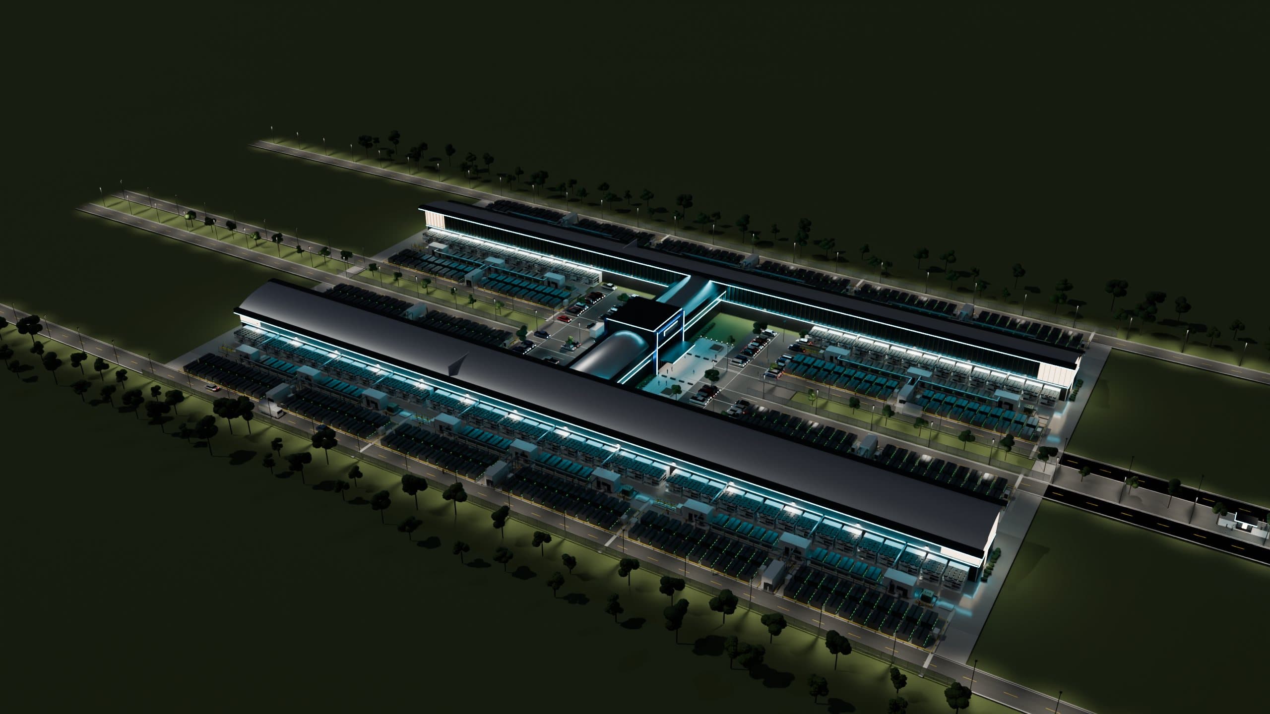 The repeatable H building and power blocks at night