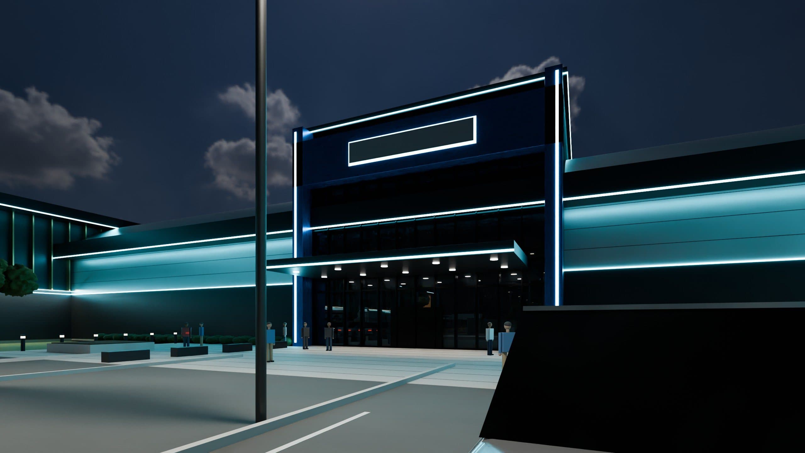 DGEI H building entrance with teal architectural lighting at dusk