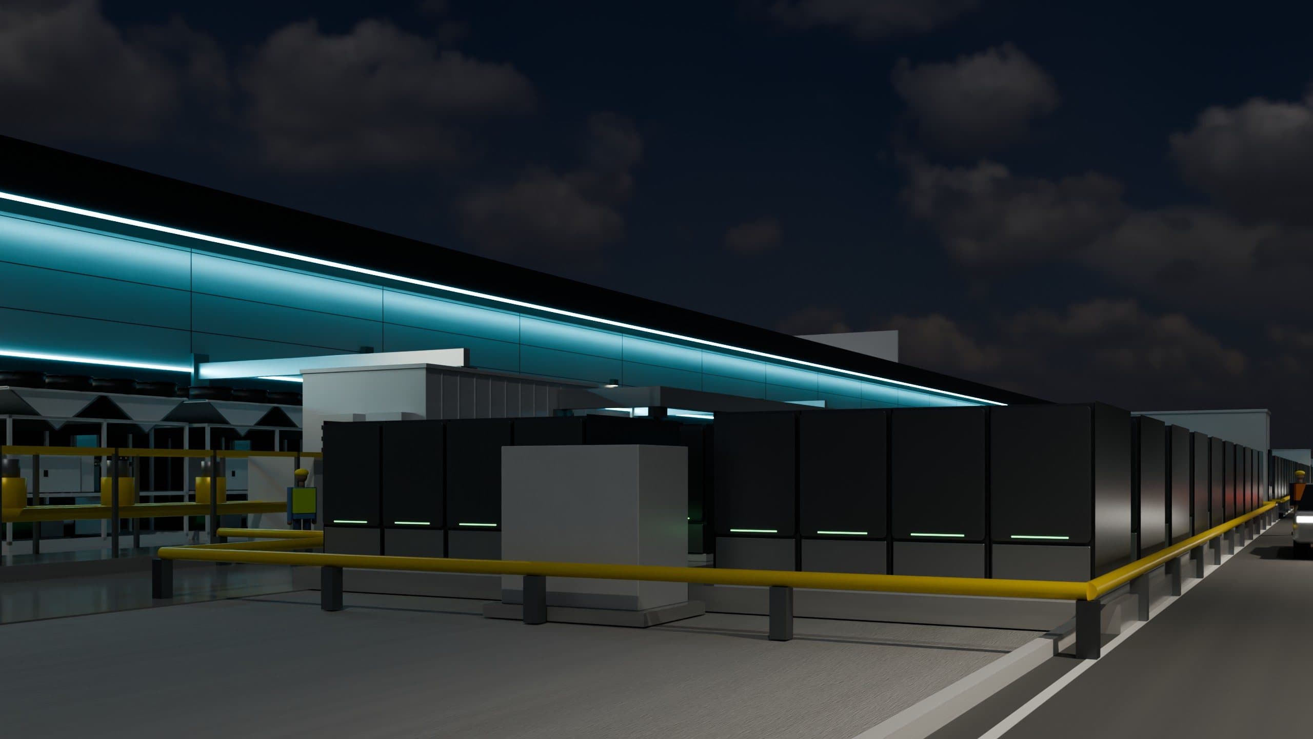 Conceptual fuel-cell power yard illuminated at dusk