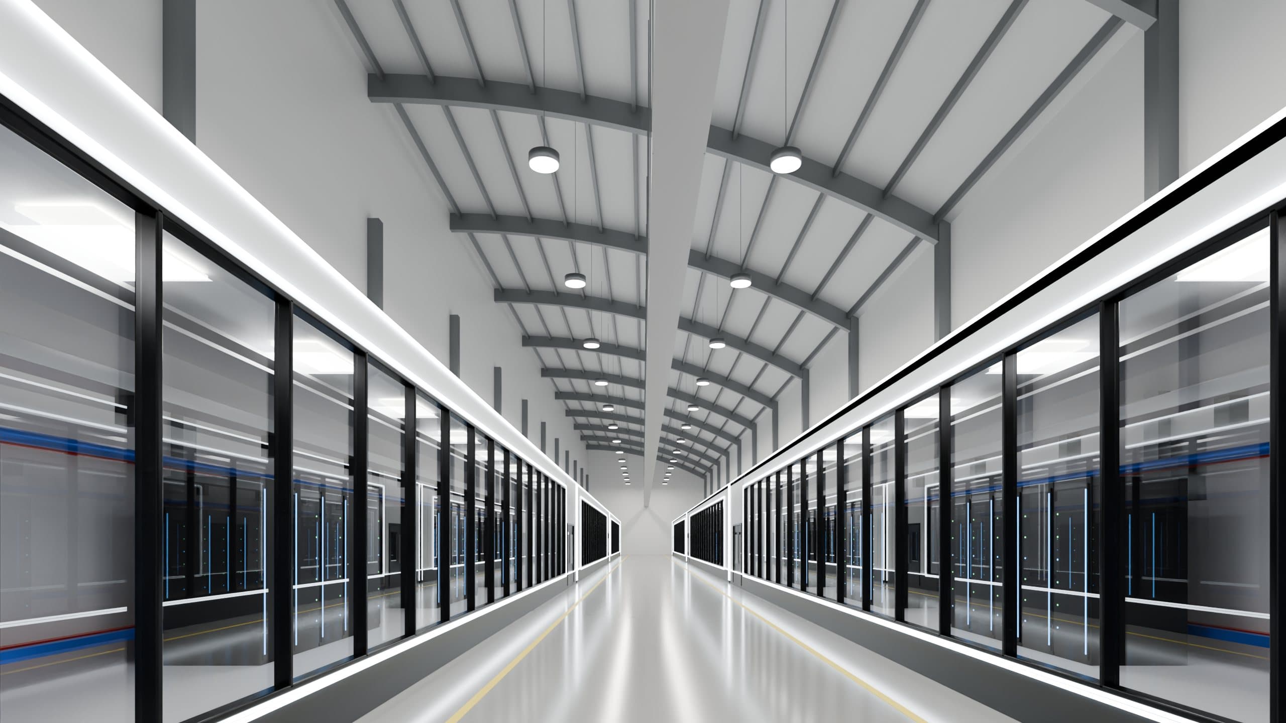 Central showcase hallway with glass-front compute pods