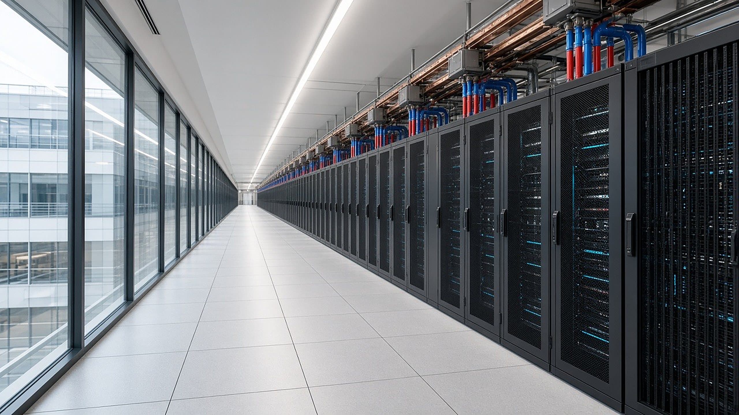 Conceptual liquid-cooled AI rack row served by the campus power system
