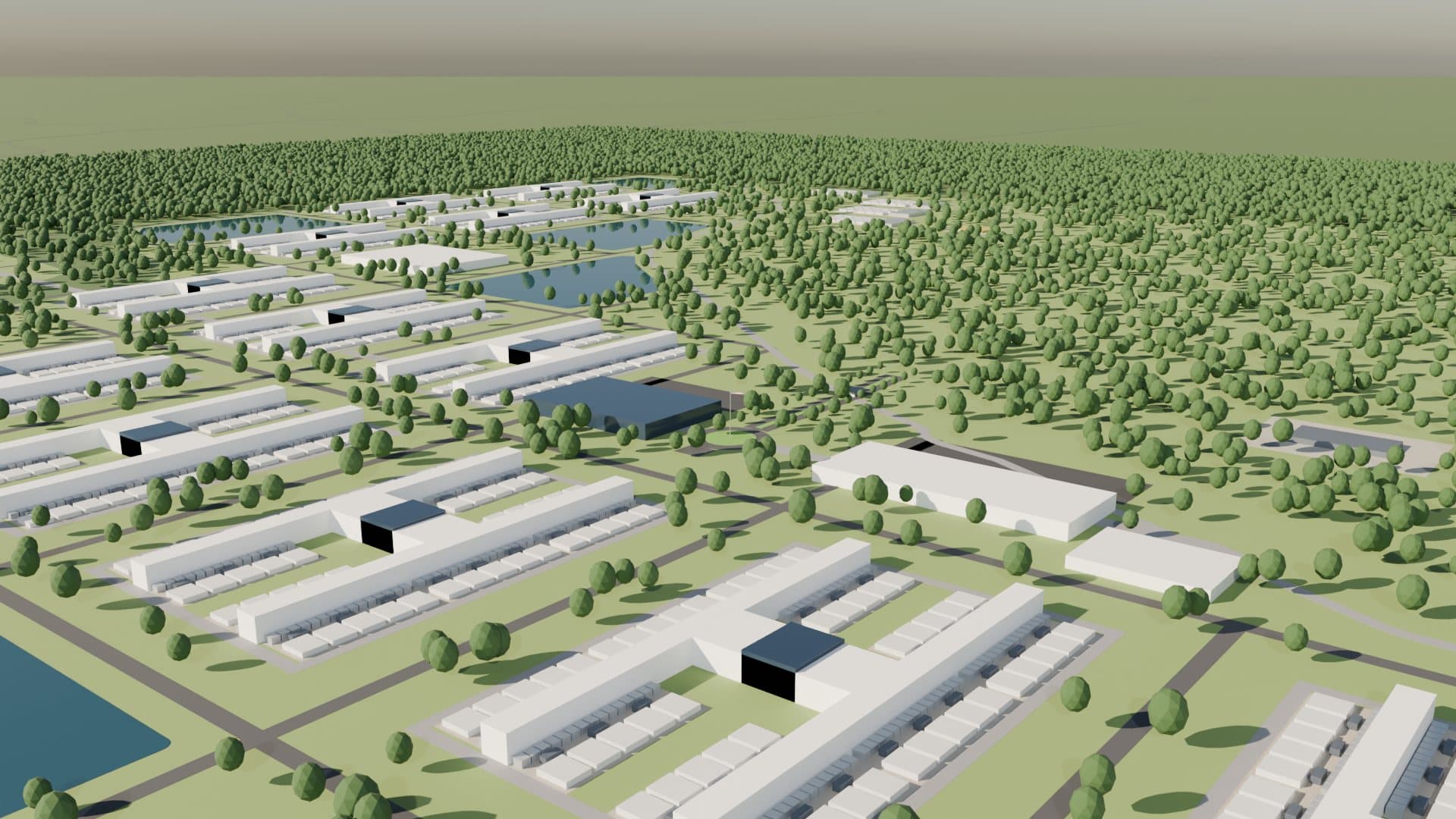 Conceptual Louisiana campus aerial with multiple H buildings