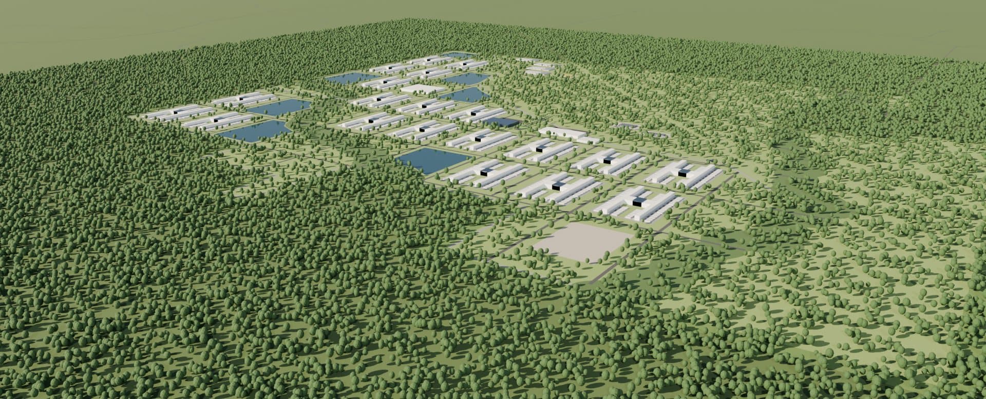 Wide conceptual view of repeated H buildings across a Louisiana campus