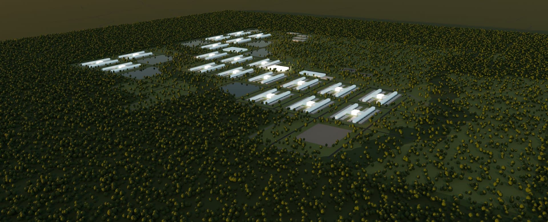 Conceptual multi-building AI campus at dusk